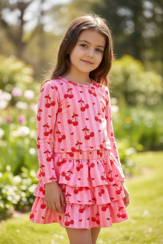 Cherry & stripe long sleeve top & skort. OFG60217 JEAN