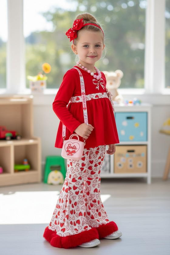 Red tunic with heart printed sash & bell bottoms. OFG60216 JEAN