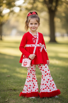  Red tunic with heart printed sash & bell bottoms. OFG60216 JEAN