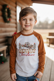  "Howdy Christmas" Ivory raglan with burnt brown sleeves. TPB50143014-SOL