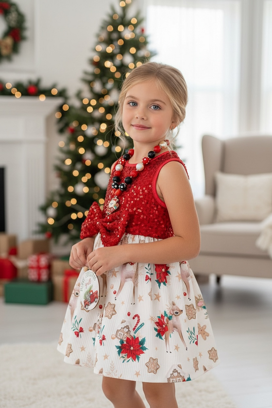 Fawn & poinsettia floral printed dress/sequins detailed top. DRG42182 SOL