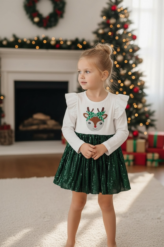 Shimmery fawn printed dress w/green sequins tulle. DRG42178 AMY