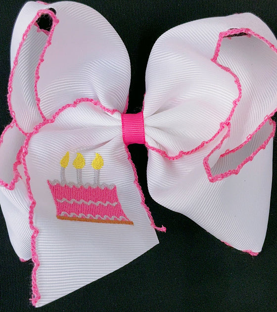 5" Birthday cake embroidered hair bow with moon stitch trim. 3pcs/$12.00 BW-DSG-B302