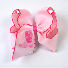  5" Pink western boot embroidered hair bow with fuchsia moon stitch. 3pcs/$12.00 BW-DSG-B303