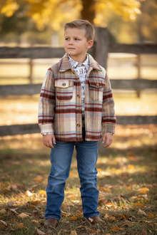  (UNISEX) Tan/maroon plaid shacket. TPG60153020 SOL