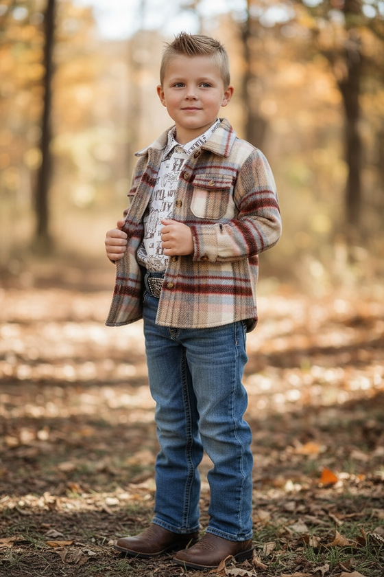 (UNISEX) Tan/maroon plaid shacket. TPG60153020 SOL