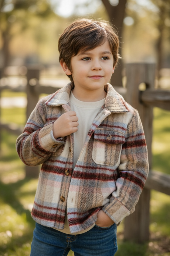 (UNISEX) Tan/maroon plaid shacket. TPG60153020 SOL