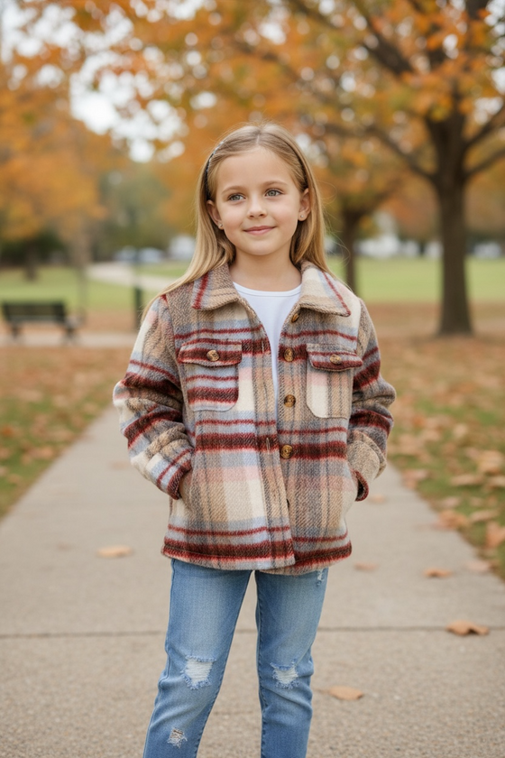 (UNISEX) Tan/maroon plaid shacket. TPG60153020 SOL