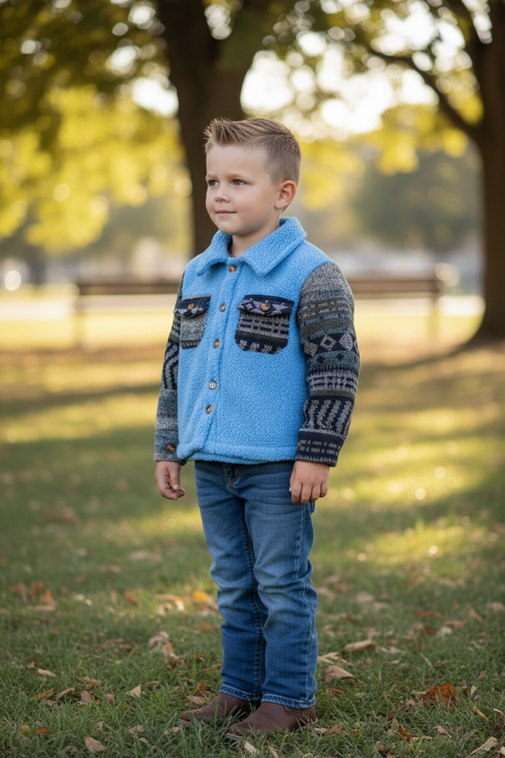 Sky blue sherpa shacket w/gray geometric sleeves. TPG65133055 SOL