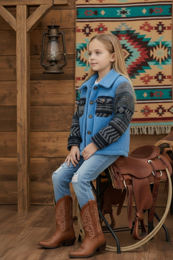 Sky blue sherpa shacket w/gray geometric sleeves. TPG65133055 SOL