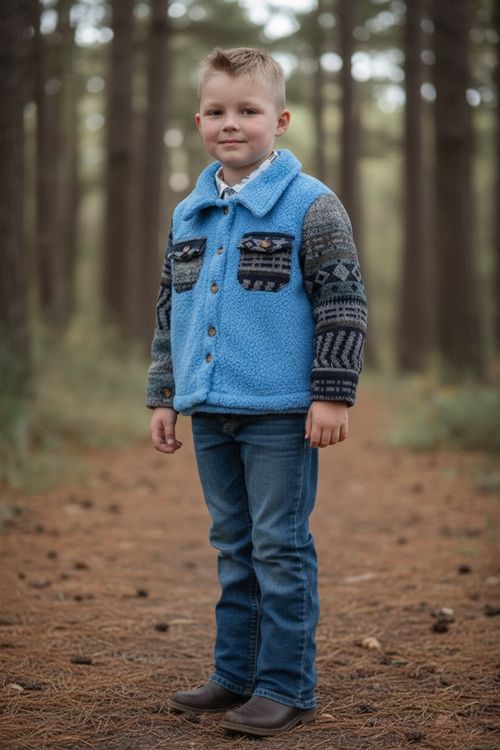 Sky blue sherpa shacket w/gray geometric sleeves. TPG65133055 SOL