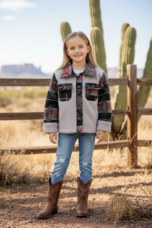  Lt. Gray sherpa shacket with black geometric printed sleeve. TPG65133049 JEAN