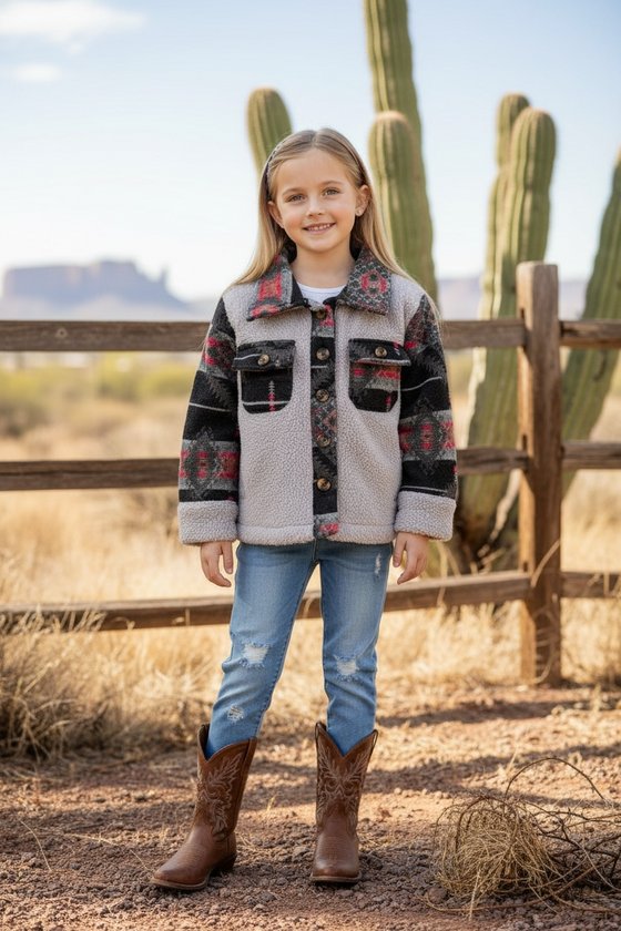 Lt. Gray sherpa shacket with black geometric printed sleeve. TPG65133049 JEAN