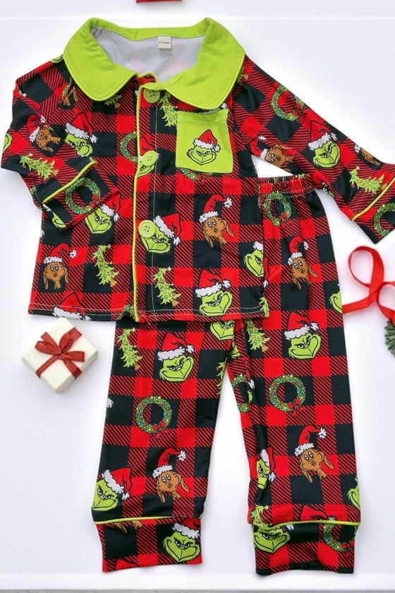 Unisex plaid Grinc* printed pajamas set. GLP071805-sol