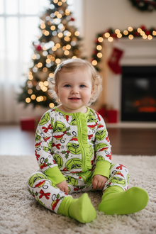  Christmas character printed baby onesie with fold over footie and hands. LR073005 AMY