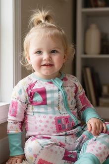  Merry & Bright multi-printed Christmas baby onesie with fold over footie and hands. LR073007 SOL