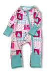Merry & Bright multi-printed Christmas baby onesie with fold over footie and hands. LR073007 SOL
