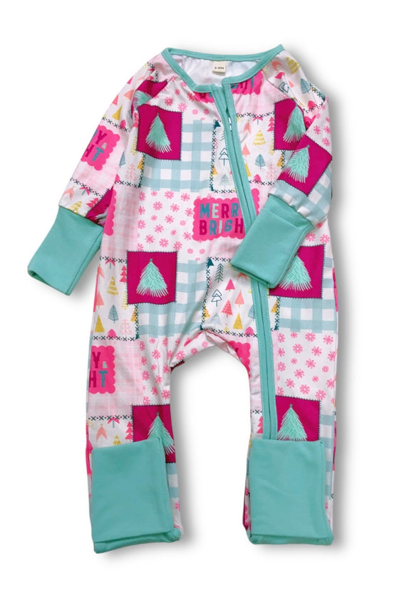 Merry & Bright multi-printed Christmas baby onesie with fold over footie and hands. LR073007 SOL