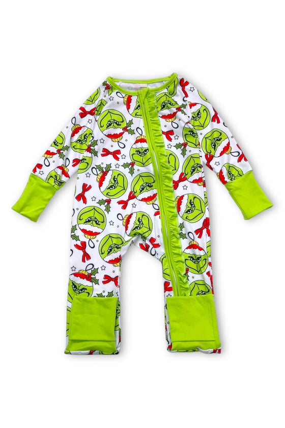 Christmas character printed baby onesie with fold over footie and hands. LR073005 AMY