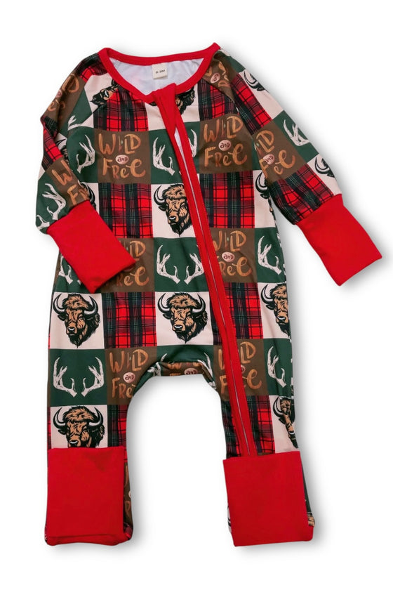 Wild & free Bison printed baby onesie with fold over footie and hands. LR073004 SOL