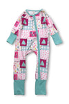 Merry & Bright multi-printed Christmas baby onesie with fold over footie and hands. LR073007 SOL