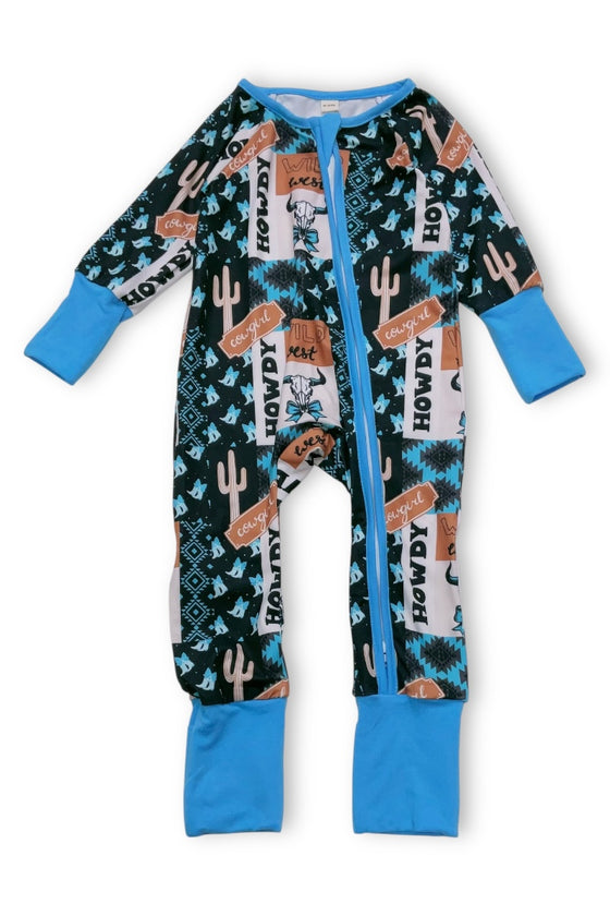 Wild western multi- printed baby onesie with fold over footie and hands. LR080703 sol