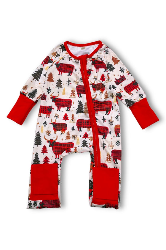 Plaid bull printed baby onesie with fold over footie and hands. LR080710 AMY