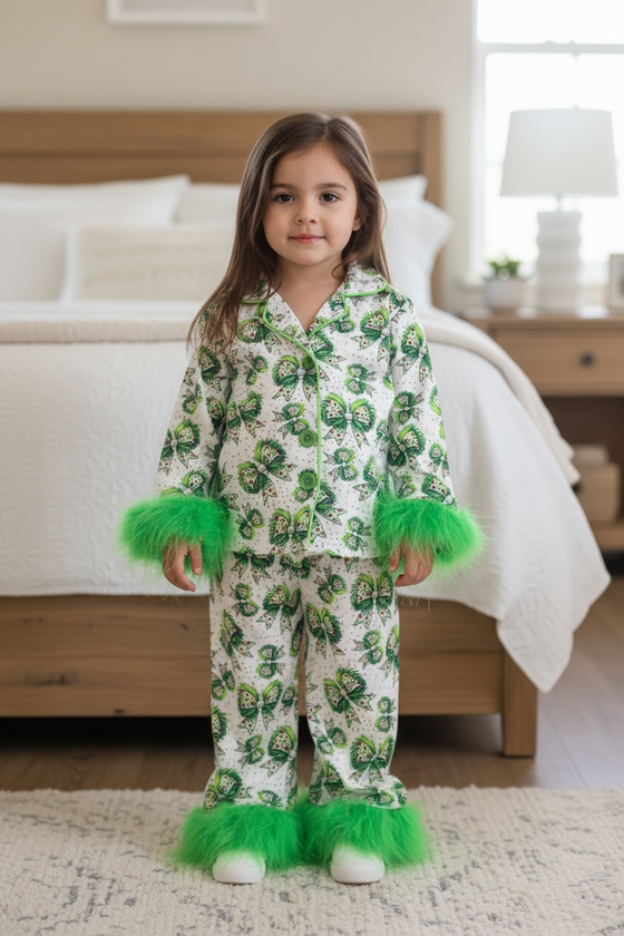 Bow printed on white pajamas with feather trim. GLP080718 SOL