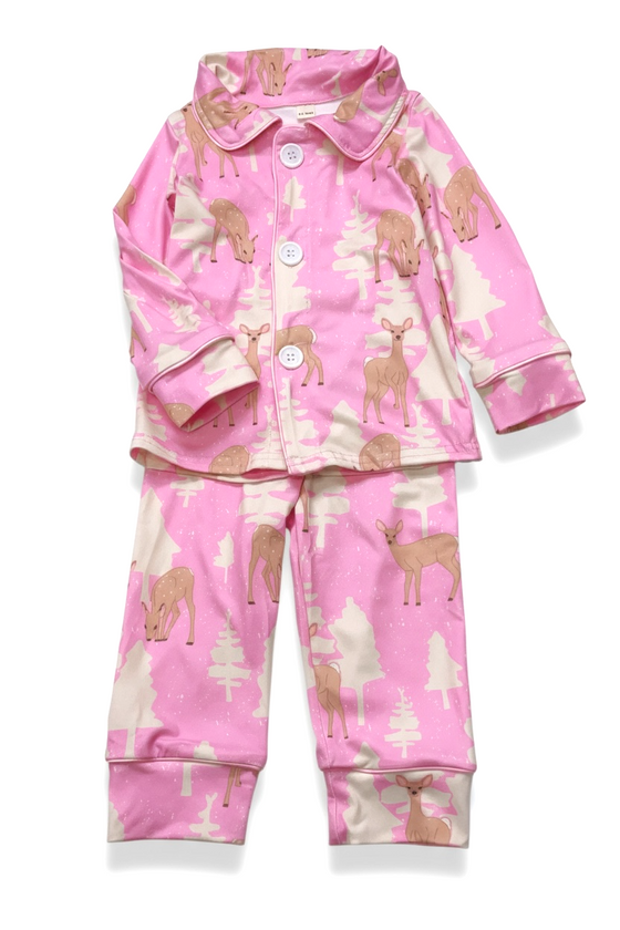 Christmas tree printed on pink girls pajamas. GLP080707-AMY