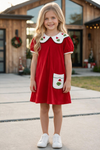 Red cotton dress with Christmas embroidered character. DRG65157 AMY
