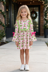 Pink & green Christmas character dress with bell sleeves. DRG65431 AMY