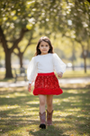 Red sequins skirt with faux fur trim. DRG53536 SOL