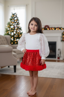  Red sequins skirt with faux fur trim. DRG53536 SOL