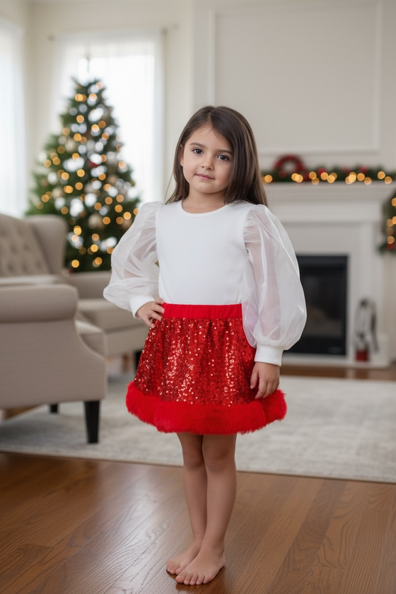 Red sequins skirt with faux fur trim. DRG53536 SOL