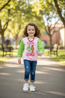  Team Grinch" Pink sweatshirt with green sequins sleeves. TPG51373 AMY