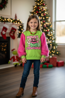  Howdy Grinchmas" Green and pink faux fur sleeve Christmas character sweatshirt. TPG51371 SOL (Copy)