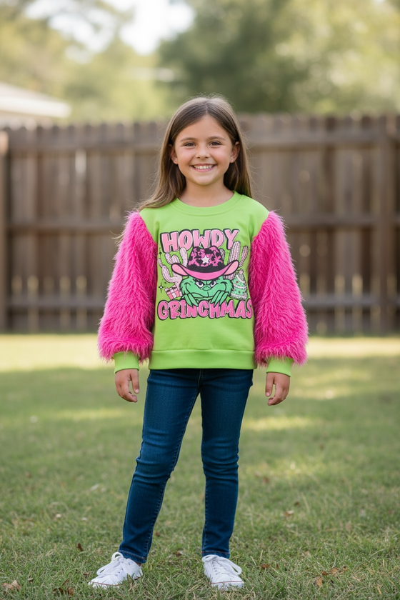 Howdy Grinchmas" Green and pink faux fur sleeve Christmas character sweatshirt. TPG51371 SOL (Copy)