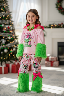  Christmas character 2 piece set on pink with green fur. OFG51178 SOL