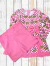 Pink & white checkered & Christmas character printed Yoga dress with undershorts. GLD0508-5-MON