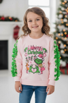Merry Christmas" Lt.Pink Christmas character printed sweatshirt with ruffle detail on sleeves. TPG51372 SOL