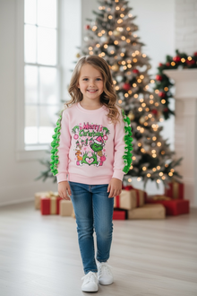  Merry Christmas" Lt.Pink Christmas character printed sweatshirt with ruffle detail on sleeves. TPG51372 SOL