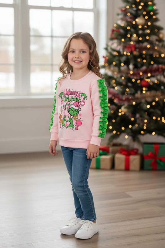 Merry Christmas" Lt.Pink Christmas character printed sweatshirt with ruffle detail on sleeves. TPG51372 SOL