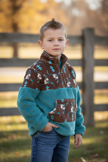  Sherpa & fleece aztec printed on teal pullover. (WESTERN) TPB50690 AMY