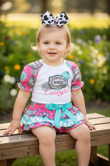  Howdy Cowgirl" multi-printed baby onesie & bloomers. RPG53245 JEAN