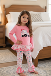 Pink ruffle tunic with choo choo appliqué & floral leggings. OFG60027 AMY