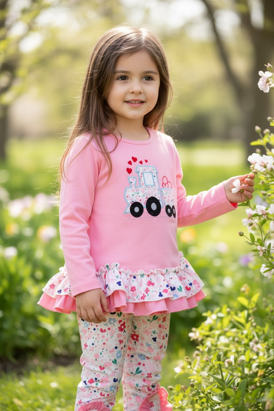 Pink ruffle tunic with choo choo appliqué & floral leggings. OFG60027 AMY
