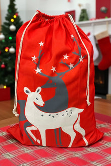  19" X 27"(Reindeer) Red, Double sided image-Red reindeer Christmas sack. SC-14