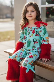  Christmas character 2 piece set on pink with red fur. OFG51177 JEAN