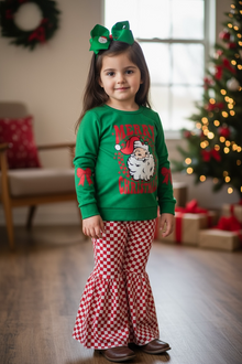  Santa printed sweatshirt and checker bell bottoms. AMY