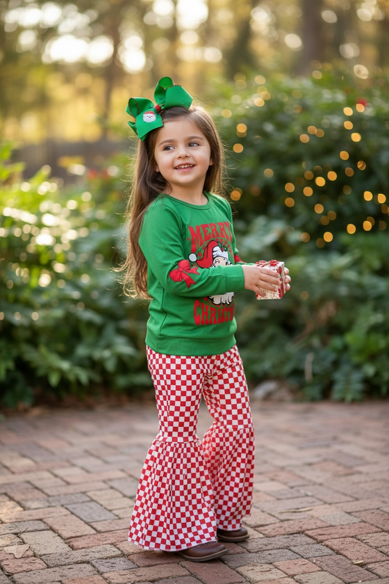 Santa printed sweatshirt and checker bell bottoms. AMY
